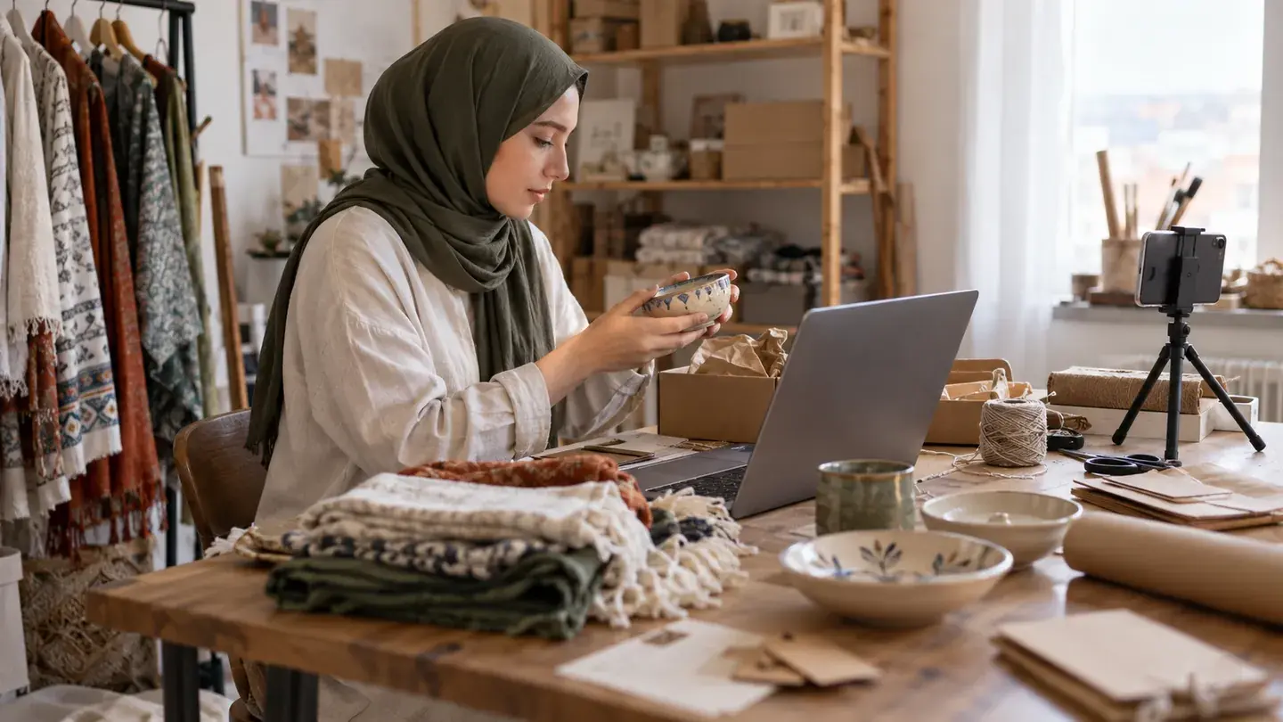 İlk ürünlerinin fotoğraf ve mağaza kayıtlarını laptop ile hazırlayan evden satış yapan girişimci
