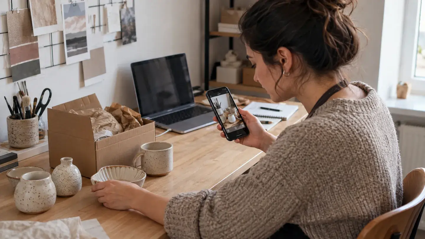 Evdeki çalışma masasında seramik ürünlerinin fotoğrafını telefonundan kontrol eden satıcı
