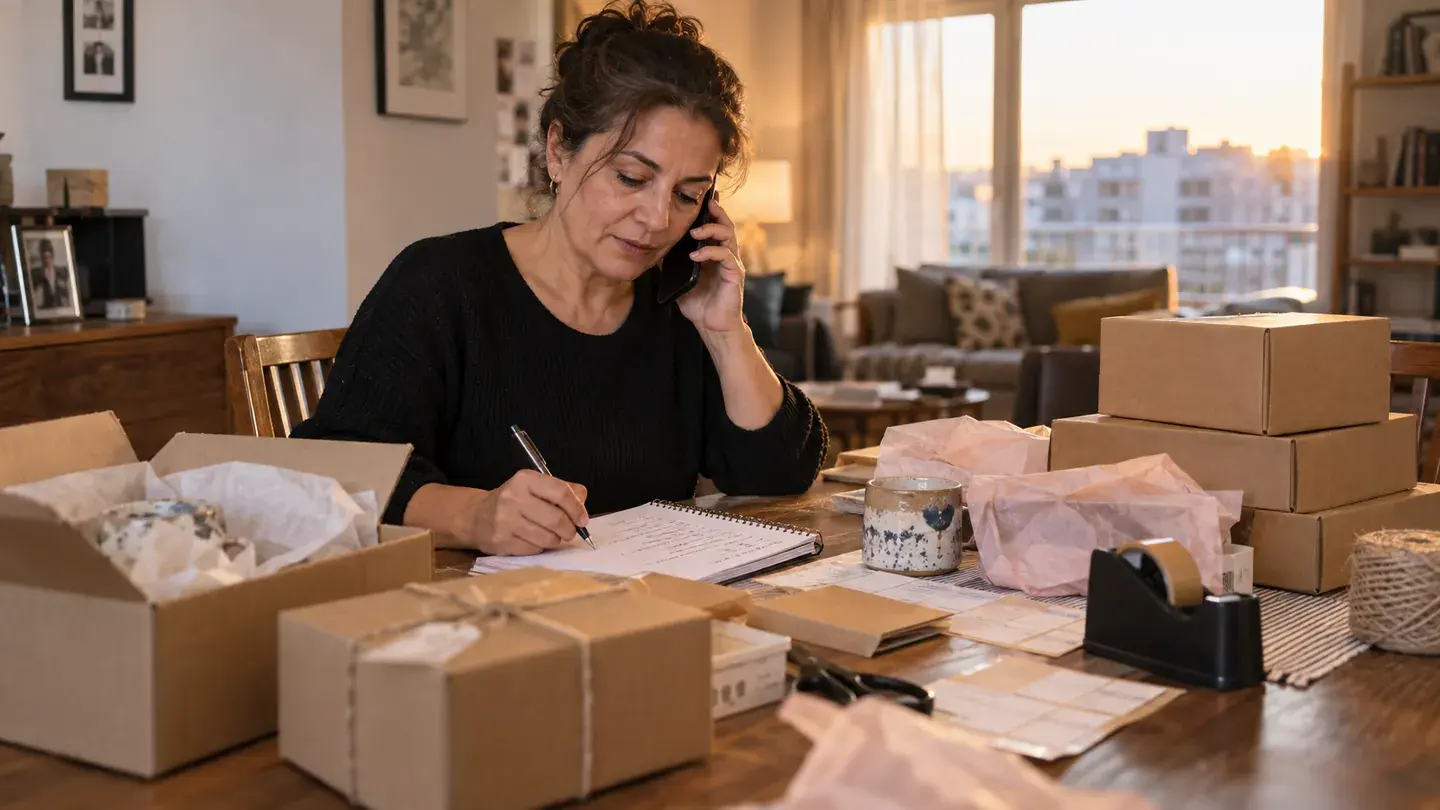 Evindeki masada telefon, not defteri ve paketler arasında siparişleri düzenleyen deneyimli küçük işletme sahibi