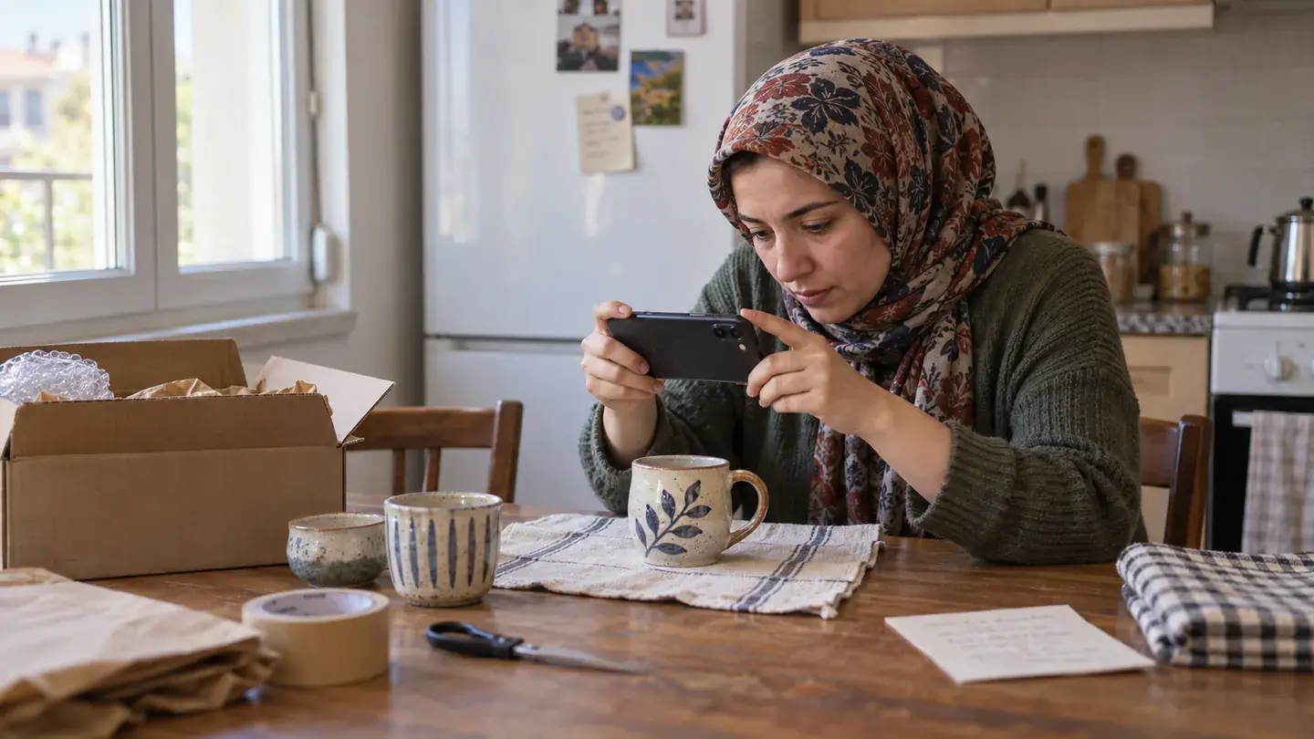 Evindeki mutfak masasında seramik kupanın fotoğrafını telefonuyla çeken başörtülü küçük işletme sahibi