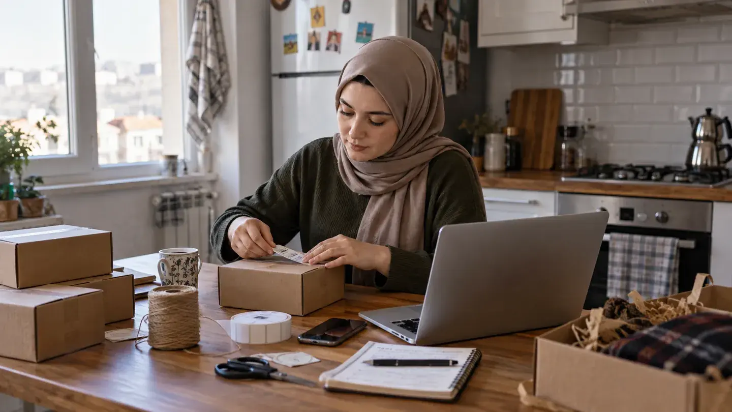 Mutfak masasında laptop, telefon ve ürün kutularıyla online mağazasını hazırlayan küçük işletme sahibi