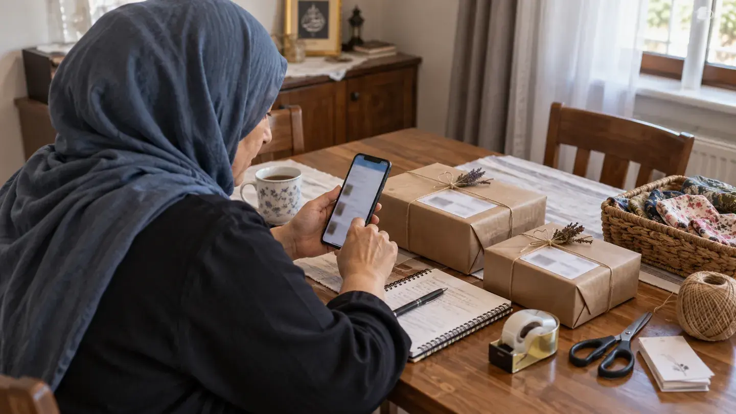 Telefon, sipariş notları ve paketlerle evden gelen siparişleri düzenleyen küçük işletme sahibi