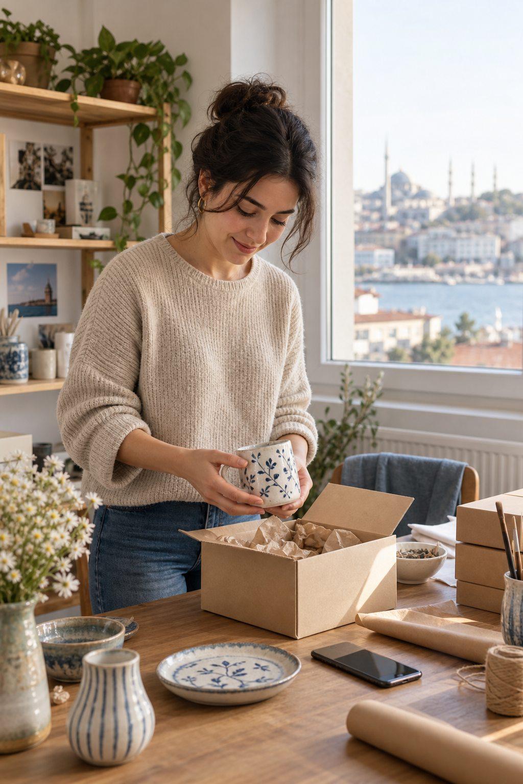 El yapımı ürünlerini yeni mağazası için hazırlayan küçük işletme sahibi