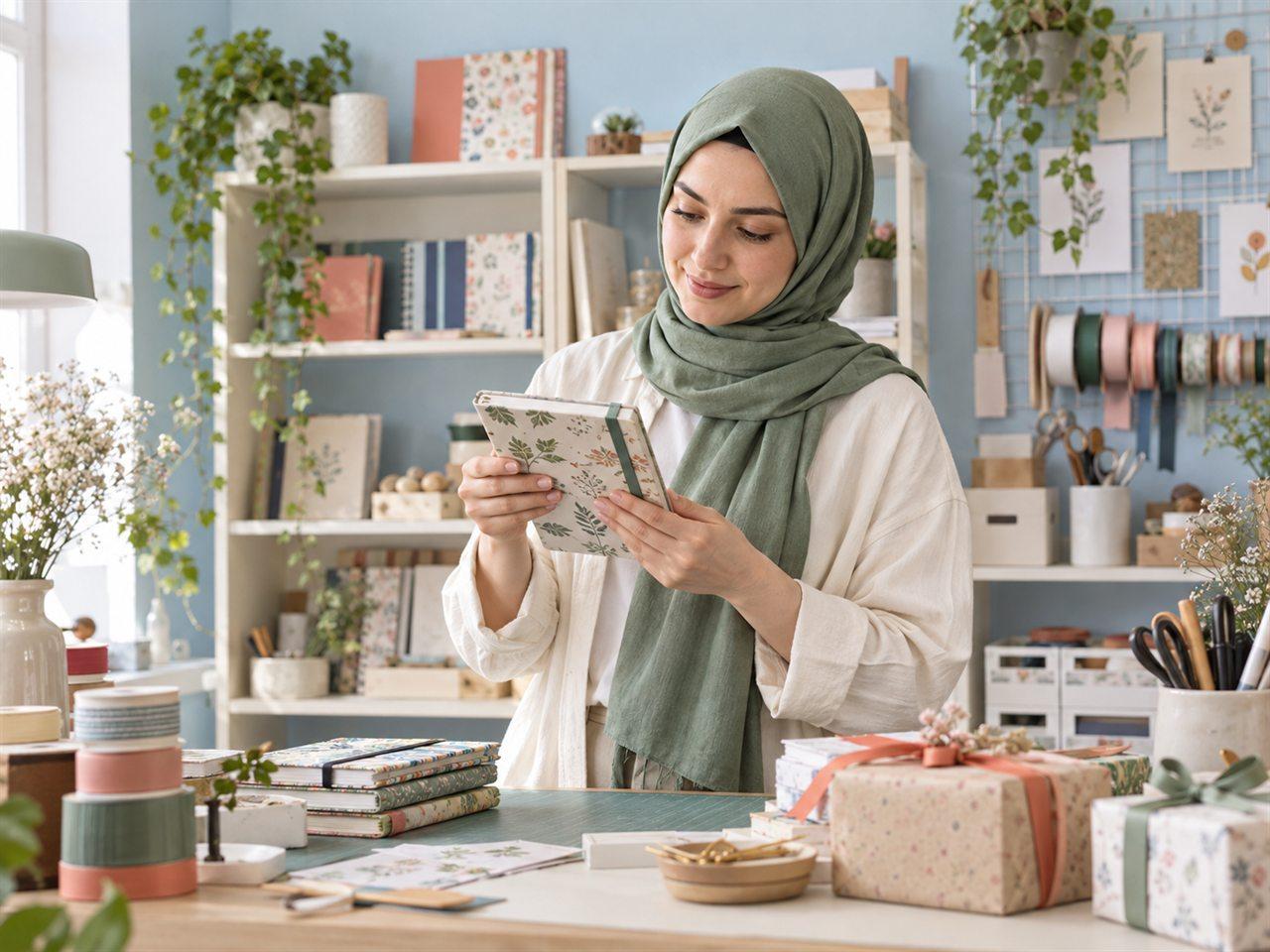 El emeği ürünlerini hazırlayan tesettürlü butik işletme sahibi