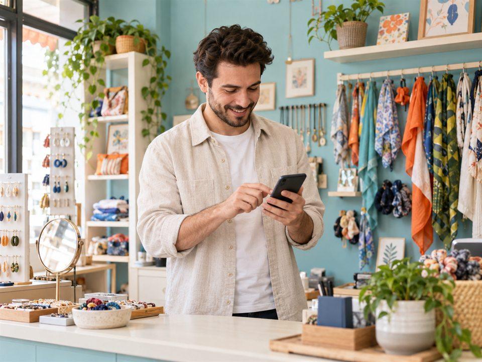 Telefonundan online mağaza linkini paylaşan butik işletme sahibi